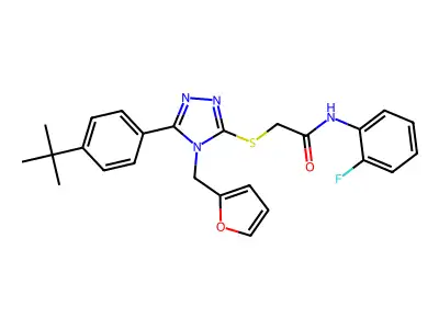 2-[[5-(4-tert-butylphenyl)-4-(furan-2-ylmethyl)-1,2,4-triazol-3-yl]sulfanyl]-N-(2-fluorophenyl)acetamide structure