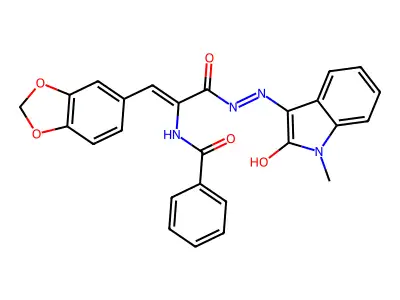 N-[1-(1,3-benzodioxol-5-yl)-3-[2-(1-methyl-2-oxoindol-3-ylidene)hydrazinyl]-3-oxoprop-1-en-2-yl]benzamide structure