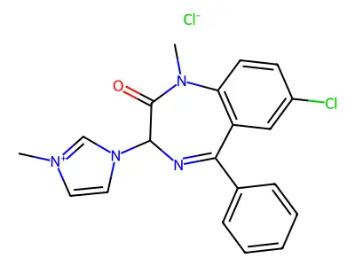 1H-Imidazolium, 3-(7-chloro-2,3-dihydro-1-methyl-5-phenyl-1H-1,4-benzodiazepin-3-yl)-1-methyl-, chloride structure