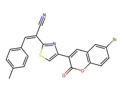 (Z)-2-[4-(6-bromo-2-oxochromen-3-yl)-1,3-thiazol-2-yl]-3-(4-methylphenyl)prop-2-enenitrile structure