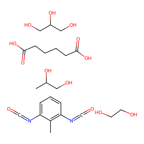 Ethylene glycol, propylene glycol, glycerol, adipic acid, toluene diisocyanate polymer structure