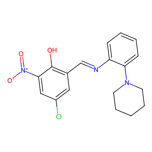 4-chloro-2-nitro-6-[(E)-{[2-(piperidin-1-yl)phenyl]imino}methyl]phenol structure
