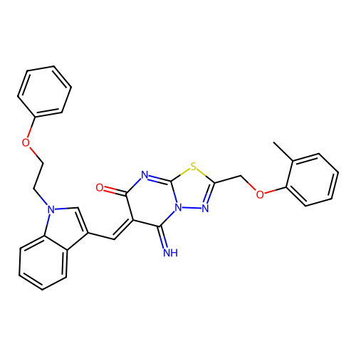 (Z)-5-imino-6-((1-(2-phenoxyethyl)-1H-indol-3-yl)methylene)-2-((o-tolyloxy)methyl)-5H-[1,3,4]thiadiazolo[3,2-a]pyrimidin-7(6H)-one structure