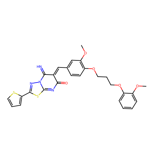 (6Z)-5-imino-6-[[3-methoxy-4-[3-(2-methoxyphenoxy)propoxy]phenyl]methylidene]-2-thiophen-2-yl-[1,3,4]thiadiazolo[3,2-a]pyrimidin-7-one structure