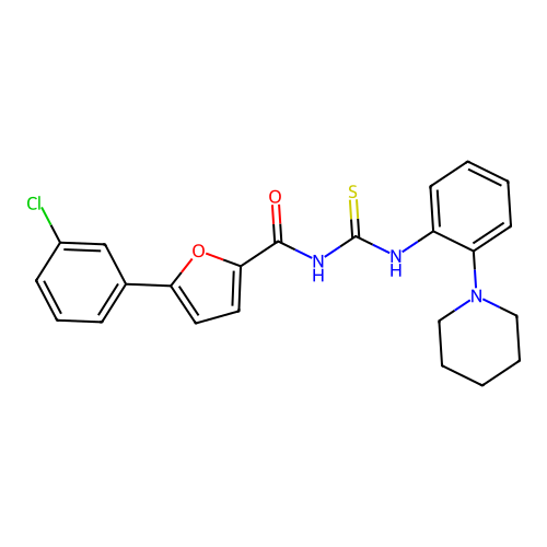 5-(3-chlorophenyl)-N-((2-(piperidin-1-yl)phenyl)carbamothioyl)furan-2-carboxamide structure