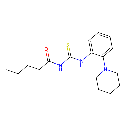 N-pentanoyl-N'-[2-(1-piperidinyl)phenyl]thiourea structure
