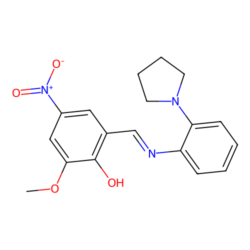 2-methoxy-4-nitro-6-[(E)-{[2-(pyrrolidin-1-yl)phenyl]imino}methyl]phenol structure