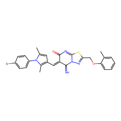 (Z)-6-((1-(4-bromophenyl)-2,5-dimethyl-1H-pyrrol-3-yl)methylene)-5-imino-2-((o-tolyloxy)methyl)-5H-[1,3,4]thiadiazolo[3,2-a]pyrimidin-7(6H)-one structure