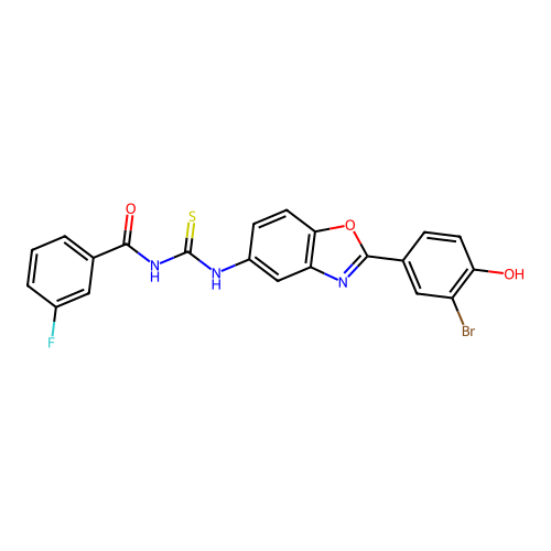 N-[[(2E)-2-(3-bromo-4-oxocyclohexa-2,5-dien-1-ylidene)-3H-1,3-benzoxazol-5-yl]carbamothioyl]-3-fluorobenzamide structure