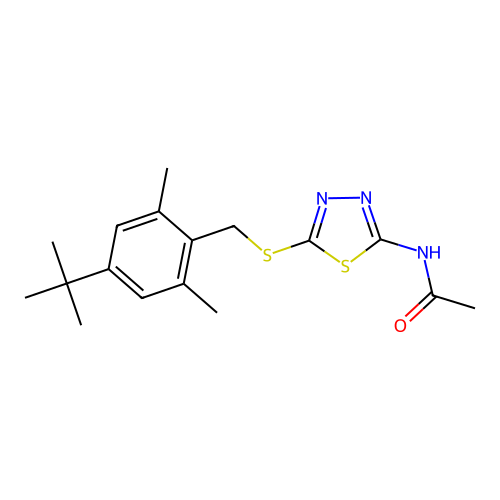 N-(5-((4-(tert-butyl)-2,6-dimethylbenzyl)thio)-1,3,4-thiadiazol-2-yl)acetamide structure