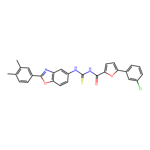 5-(3-chlorophenyl)-N-((2-(3,4-dimethylphenyl)benzo[d]oxazol-5-yl)carbamothioyl)furan-2-carboxamide structure
