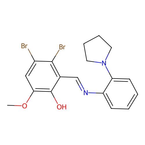 3,4-dibromo-6-methoxy-2-[(E)-{[2-(pyrrolidin-1-yl)phenyl]imino}methyl]phenol structure