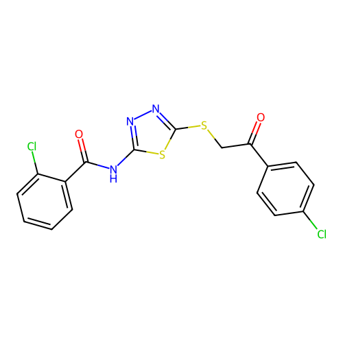 2-chloro-N-(5-((2-(4-chlorophenyl)-2-oxoethyl)thio)-1,3,4-thiadiazol-2-yl)benzamide structure