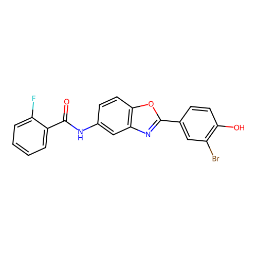 N-[2-(3-bromo-4-hydroxyphenyl)-1,3-benzoxazol-5-yl]-2-fluorobenzamide structure