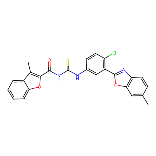 N-{[4-chloro-3-(6-methyl-1,3-benzoxazol-2-yl)phenyl]carbamothioyl}-3-methyl-1-benzofuran-2-carboxamide structure