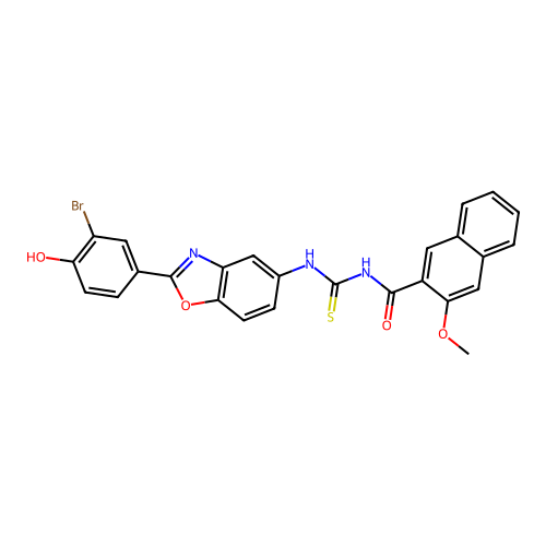 N-[[(2E)-2-(3-bromo-4-oxocyclohexa-2,5-dien-1-ylidene)-3H-1,3-benzoxazol-5-yl]carbamothioyl]-3-methoxynaphthalene-2-carboxamide structure