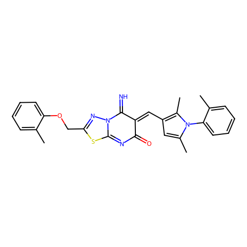 (Z)-6-((2,5-dimethyl-1-(o-tolyl)-1H-pyrrol-3-yl)methylene)-5-imino-2-((o-tolyloxy)methyl)-5H-[1,3,4]thiadiazolo[3,2-a]pyrimidin-7(6H)-one structure