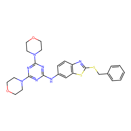 2-(benzylthio)-N-(4,6-dimorpholino-1,3,5-triazin-2-yl)benzo[d]thiazol-6-amine structure
