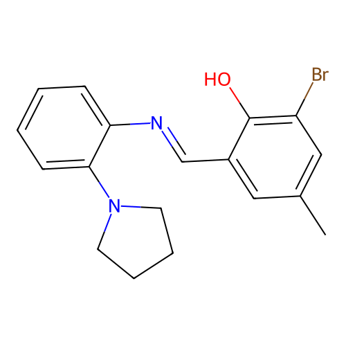 2-bromo-4-methyl-6-[(E)-{[2-(pyrrolidin-1-yl)phenyl]imino}methyl]phenol structure