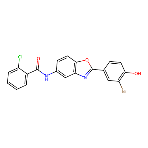 N-[2-(3-bromo-4-hydroxyphenyl)-1,3-benzoxazol-5-yl]-2-chlorobenzamide structure