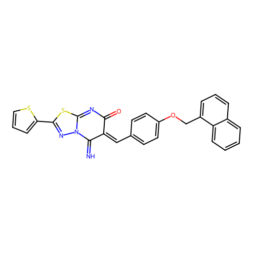 (6Z)-5-imino-6-[4-(naphthalen-1-ylmethoxy)benzylidene]-2-(thiophen-2-yl)-5,6-dihydro-7H-[1,3,4]thiadiazolo[3,2-a]pyrimidin-7-one structure