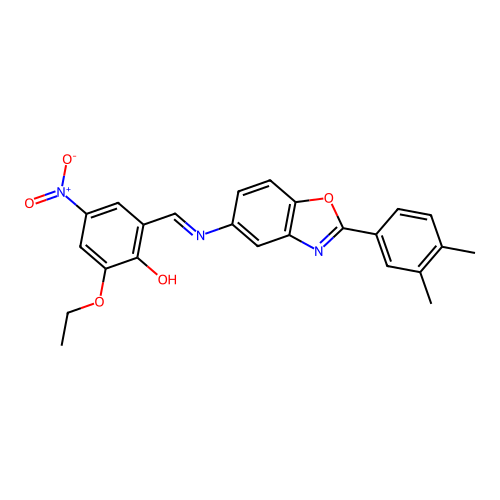 (E)-2-(((2-(3,4-dimethylphenyl)benzo[d]oxazol-5-yl)imino)methyl)-6-ethoxy-4-nitrophenol structure