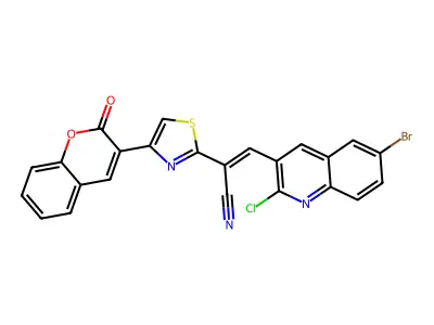 (E)-3-(6-bromo-2-chloroquinolin-3-yl)-2-[4-(2-oxochromen-3-yl)-1,3-thiazol-2-yl]prop-2-enenitrile structure