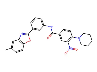 N-[3-(5-methyl-1,3-benzoxazol-2-yl)phenyl]-3-nitro-4-piperidin-1-ylbenzamide structure