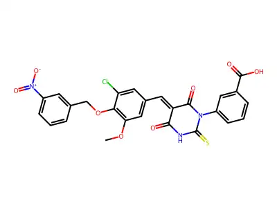 3-[5-[[3-chloro-5-methoxy-4-[(3-nitrophenyl)methoxy]phenyl]methylidene]-4,6-dioxo-2-sulfanylidene-1,3-diazinan-1-yl]benzoic acid structure