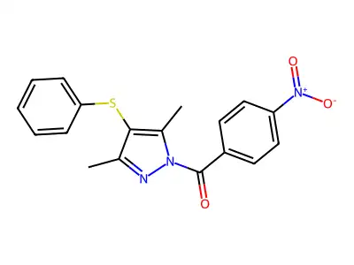 (3,5-dimethyl-4-(phenylthio)-1H-pyrazol-1-yl)(4-nitrophenyl)methanone structure