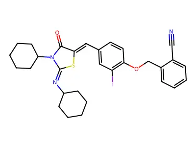 2-[(4-{[(2Z)-3-Cyclohexyl-2-(cyclohexylimino)-4-oxo-1,3-thiazolidin-5-ylidene]methyl}-2-iodophenoxy)methyl]benzonitrile structure