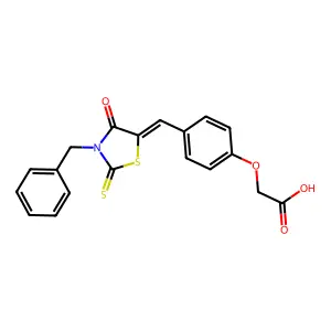 (E)-2-(4-((3-benzyl-4-oxo-2-thioxothiazolidin-5-ylidene)methyl)phenoxy)acetic acid structure