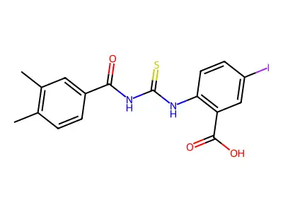 2-[[[(3,4-Dimethylbenzoyl)amino]thioxomethyl]amino]-5-iodo-benzoic acid structure