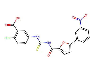 2-chloro-5-[({[5-(3-nitrophenyl)-2-furoyl]amino}carbonothioyl)amino]benzoic acid structure