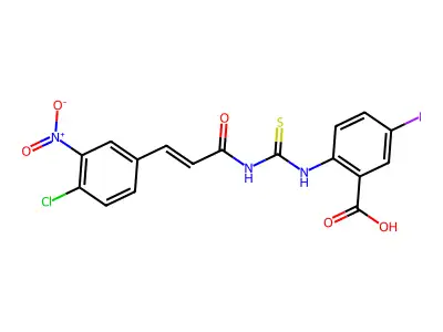 2-[3-(4-chloro-3-nitro-phenyl)prop-2-enoylthiocarbamoylamino]-5-iodo-benzoic Acid structure