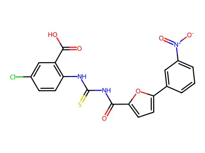 5-chloro-2-[[5-(3-nitrophenyl)furan-2-carbonyl]carbamothioylamino]benzoic acid structure