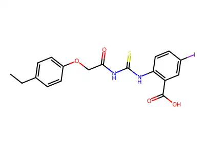 2-[[[[(4-Ethylphenoxy)acetyl]amino]thioxomethyl]amino]-5-iodo-benzoic acid structure