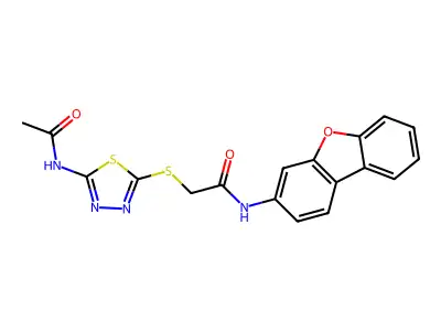 2-[(5-acetamido-1,3,4-thiadiazol-2-yl)sulfanyl]-N-dibenzofuran-3-ylacetamide structure