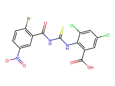 2-[[[(2-Bromo-5-nitrobenzoyl)amino]thioxomethyl]amino]-3,5-dichloro-benzoic acid structure