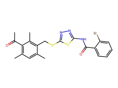 N-[5-[(3-acetyl-2,4,6-trimethylphenyl)methylsulfanyl]-1,3,4-thiadiazol-2-yl]-2-bromobenzamide structure