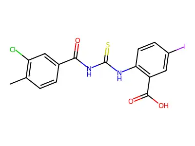 2-[[[(3-Chloro-4-methylbenzoyl)amino]thioxomethyl]amino]-5-iodo-benzoic acid structure