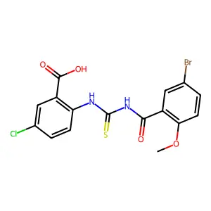 2-({[(5-Bromo-2-methoxyphenyl)carbonyl]carbamothioyl}amino)-5-chlorobenzoic acid structure