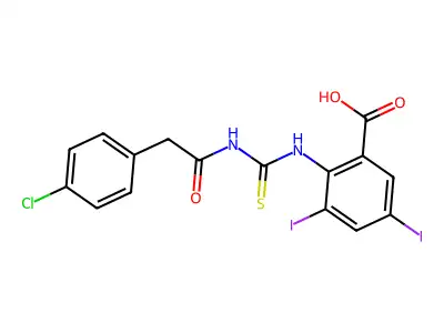 2-[[[[(4-Chlorophenyl)acetyl]amino]thioxomethyl]amino]-3,5-diiodo-benzoic acid structure
