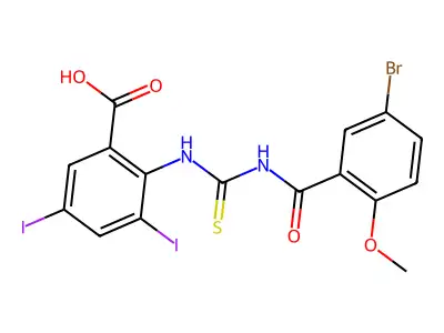 2-[[[(5-Bromo-2-methoxybenzoyl)amino]thioxomethyl]amino]-3,5-diiodo-benzoic acid structure