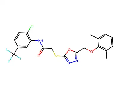 N-[2-chloro-5-(trifluoromethyl)phenyl]-2-({5-[(2,6-dimethylphenoxy)methyl]-1,3,4-oxadiazol-2-yl}sulfanyl)acetamide structure