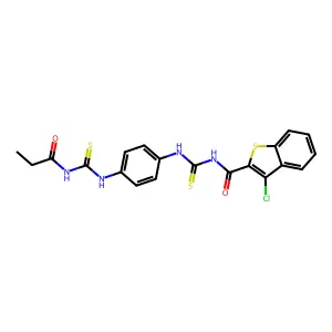 3-chloro-N-((4-(3-propionylthioureido)phenyl)carbamothioyl)benzo[b]thiophene-2-carboxamide structure