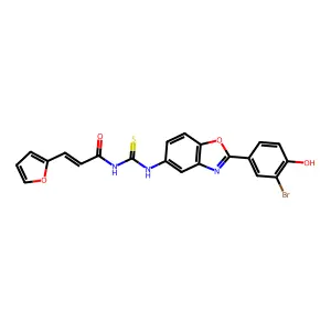 (E)-N-((2-(3-bromo-4-hydroxyphenyl)benzo[d]oxazol-5-yl)carbamothioyl)-3-(furan-2-yl)acrylamide structure