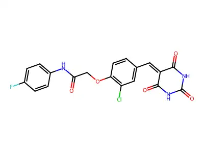2-[2-chloro-4-[(2,4,6-trioxo-1,3-diazinan-5-ylidene)methyl]phenoxy]-N-(4-fluorophenyl)acetamide structure