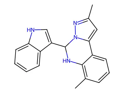 5-(1H-indol-3-yl)-2,7-dimethyl-3,5-dihydropyrazolo[1,5-c]quinazoline structure