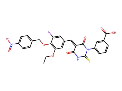 3-[5-[[3-ethoxy-5-iodo-4-[(4-nitrophenyl)methoxy]phenyl]methylidene]-4,6-dioxo-2-sulfanylidene-1,3-diazinan-1-yl]benzoic acid structure